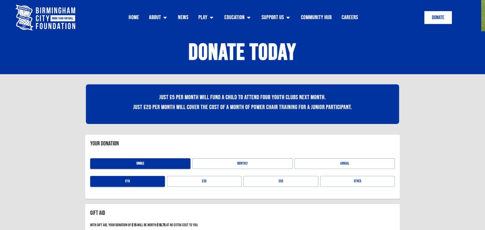 BCFC Foundation website on-site donation form