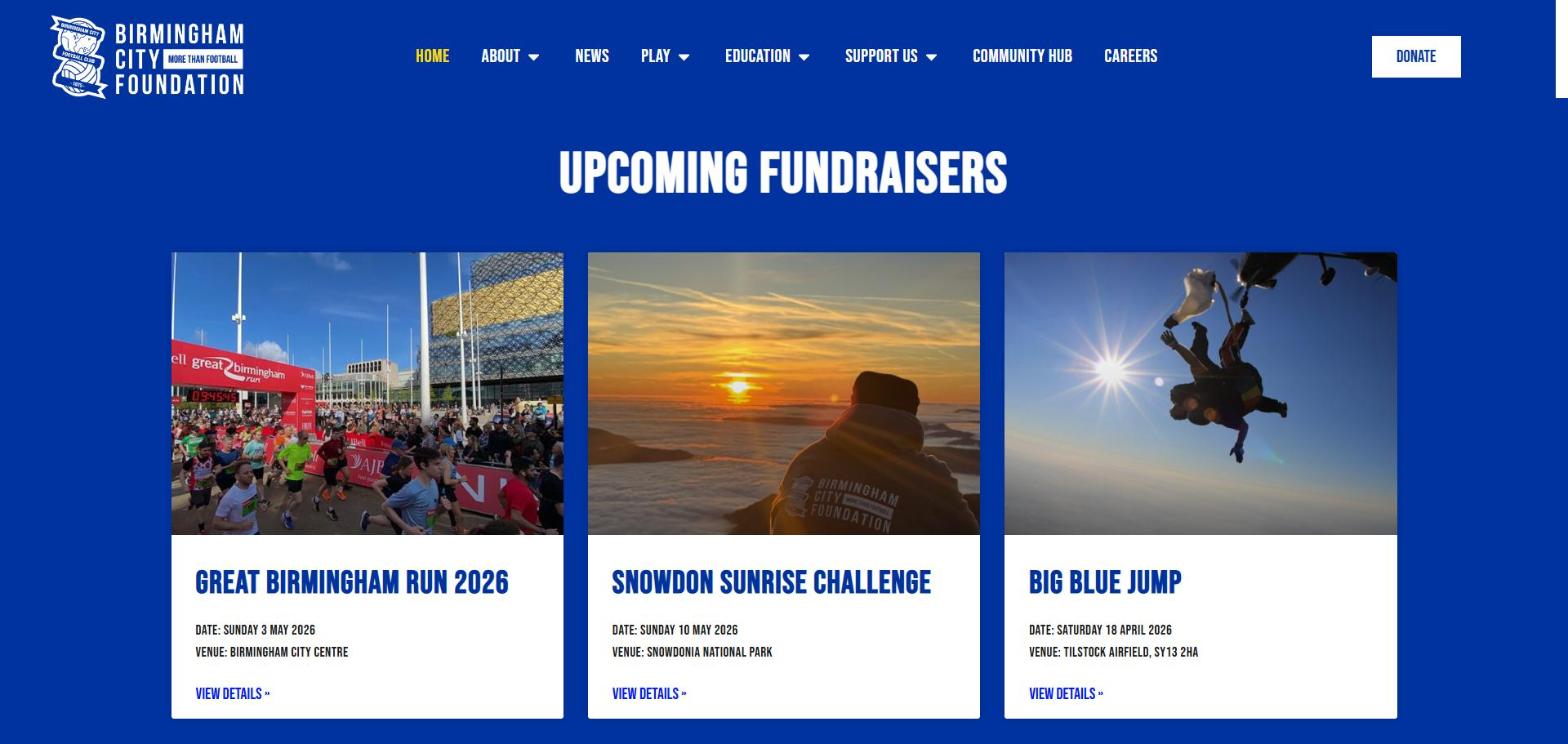 BCFC Foundation website upcoming fundraisers section