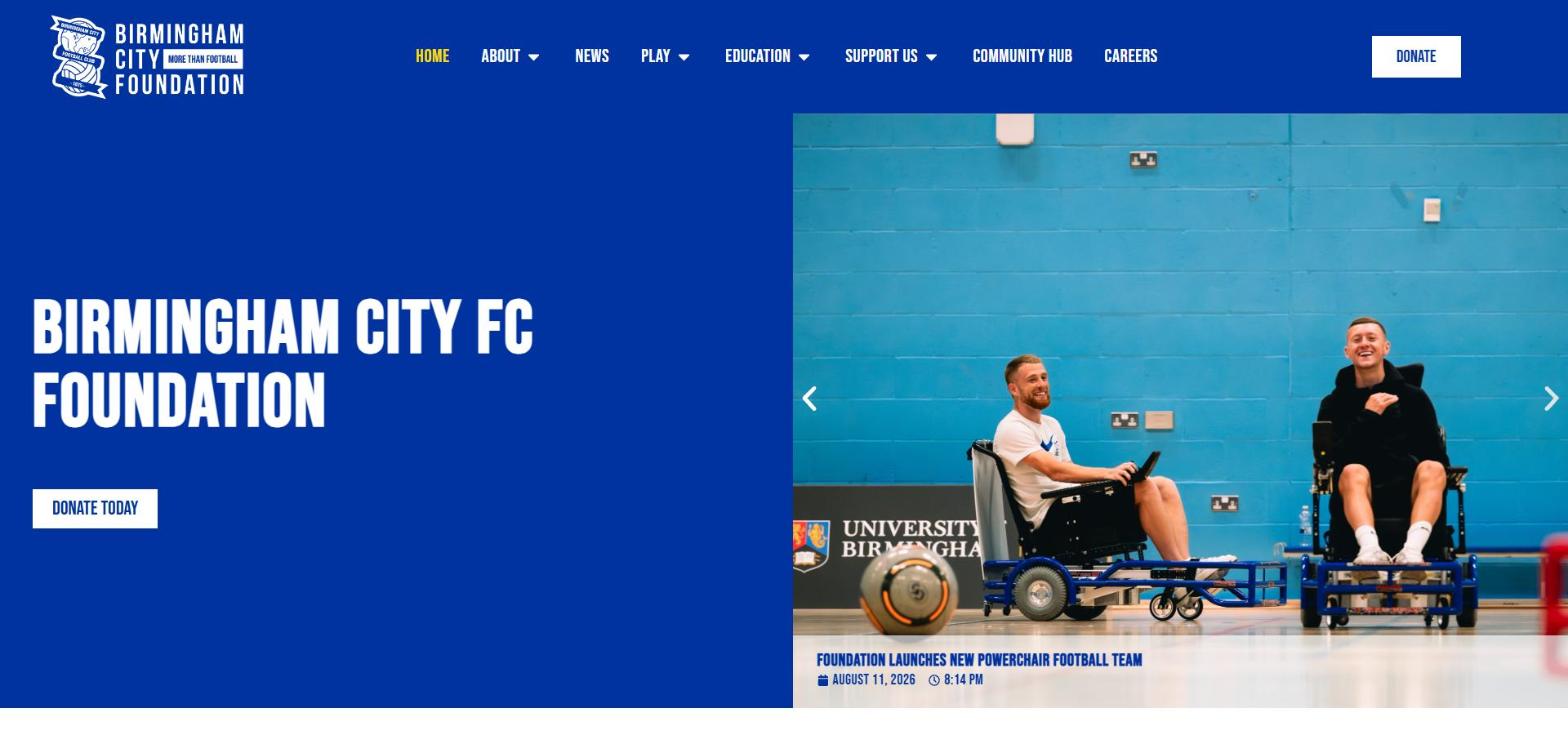 Birmingham City FC Foundation website homepage designed by Turtle Media