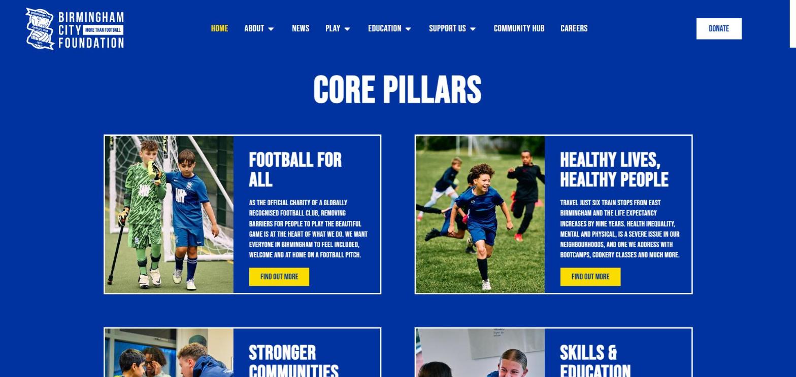 BCFC Foundation website core pillars section