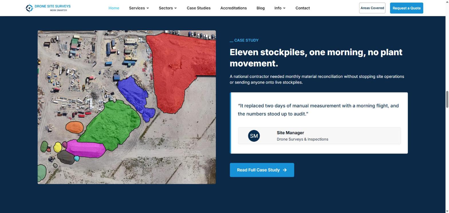 Drone Site Surveys new website stockpile case study section