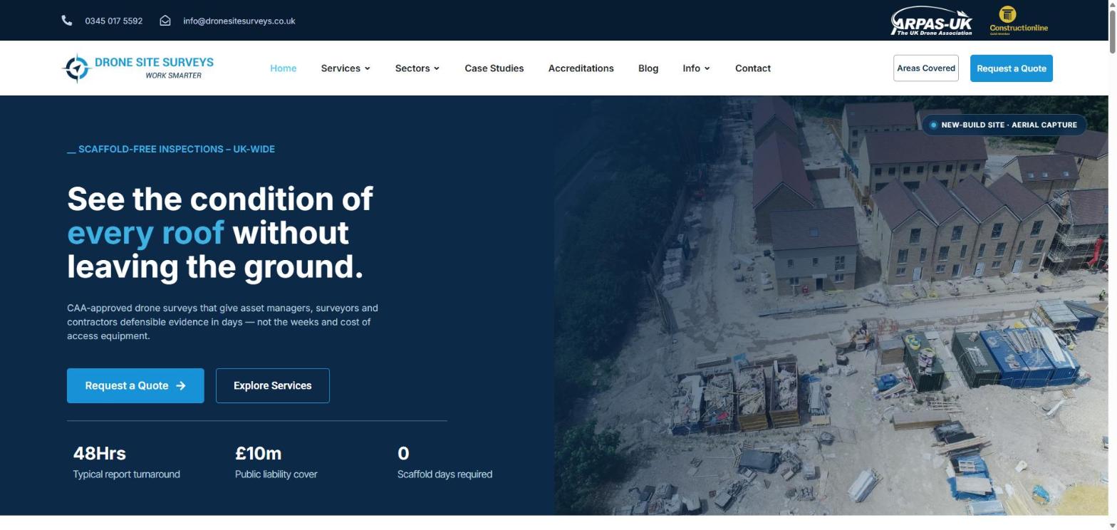 Drone Site Surveys new website homepage hero designed by Turtle Media