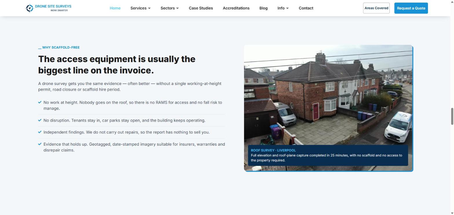 Drone Site Surveys new website scaffold-free benefits section