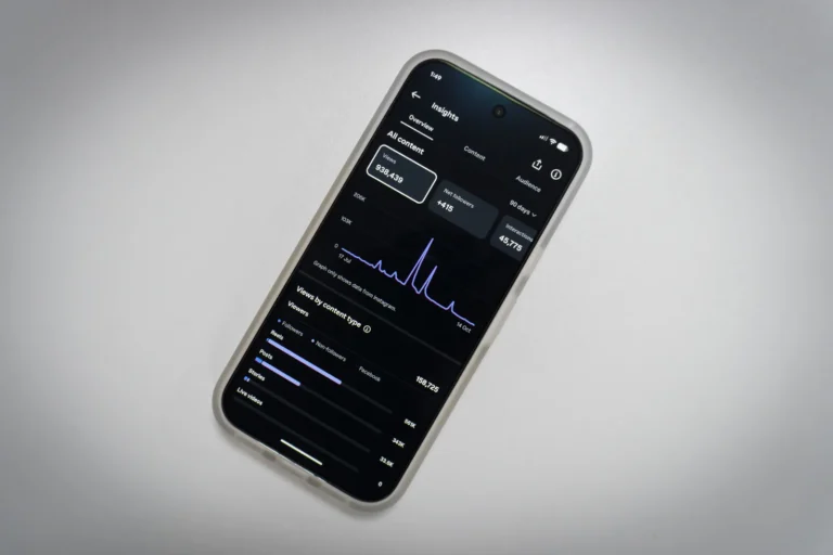 Instagram insights showing views and follower growth on a phone