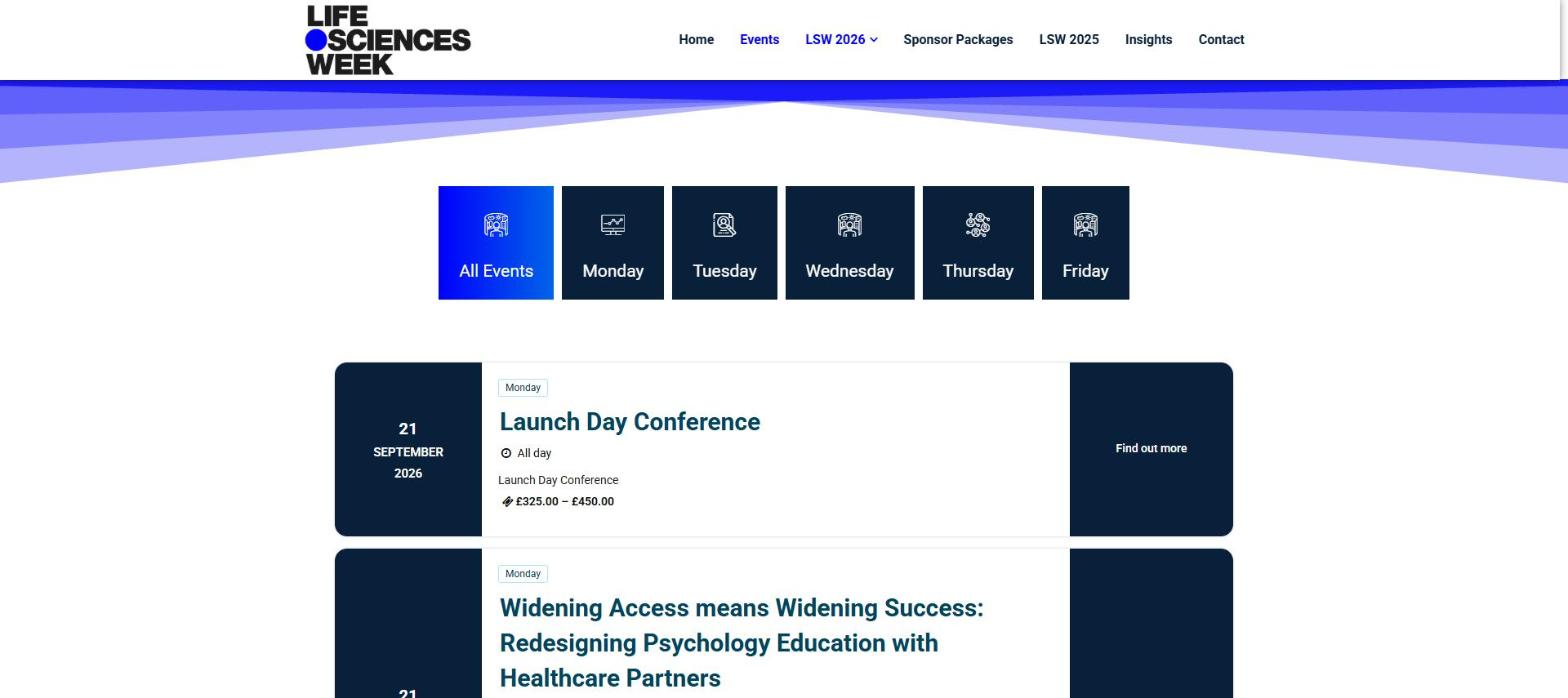 Life Sciences Week website events listing with day filters