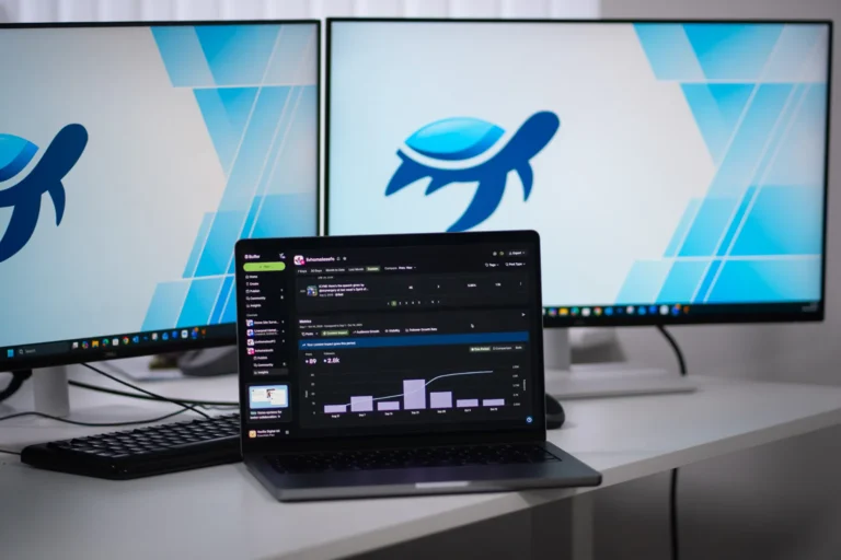 Laptop showing social media reporting between two Turtle Media screens