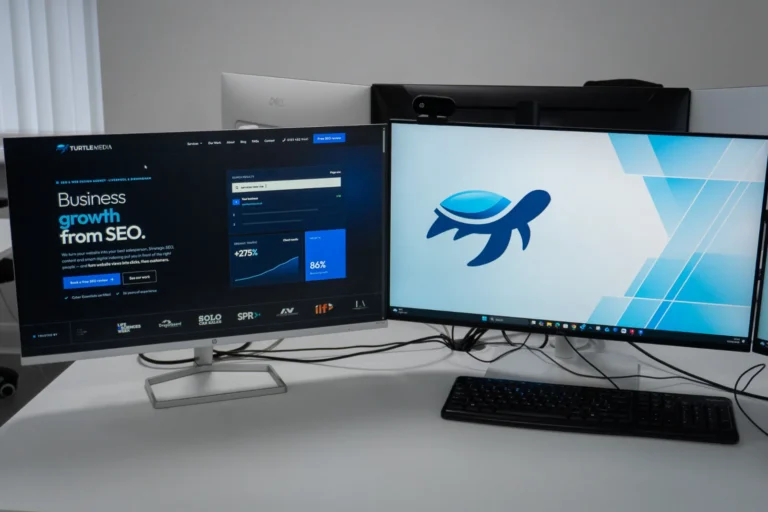 Turtle Media website on a monitor beside the turtle logo