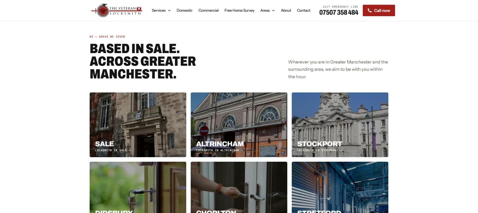 The Veteran Locksmith website areas covered section