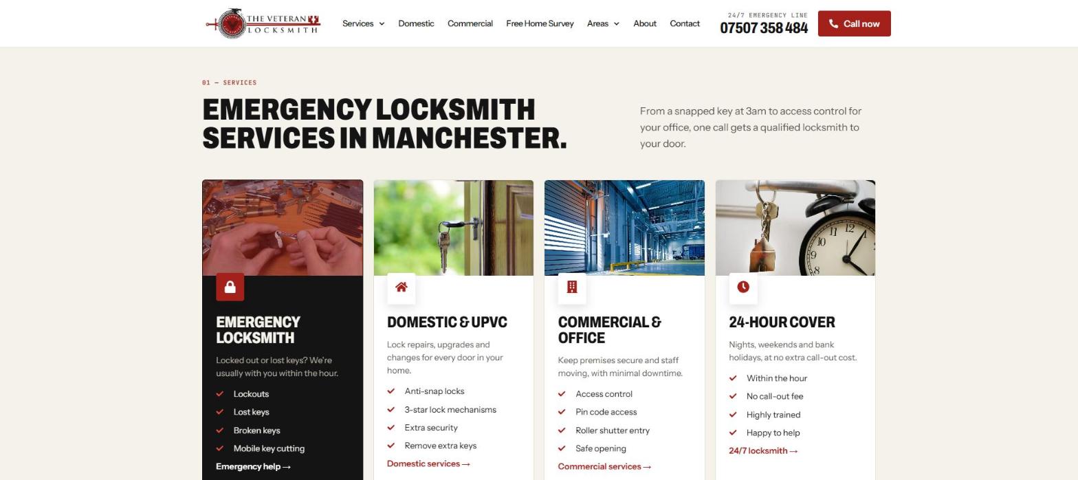The Veteran Locksmith website services section